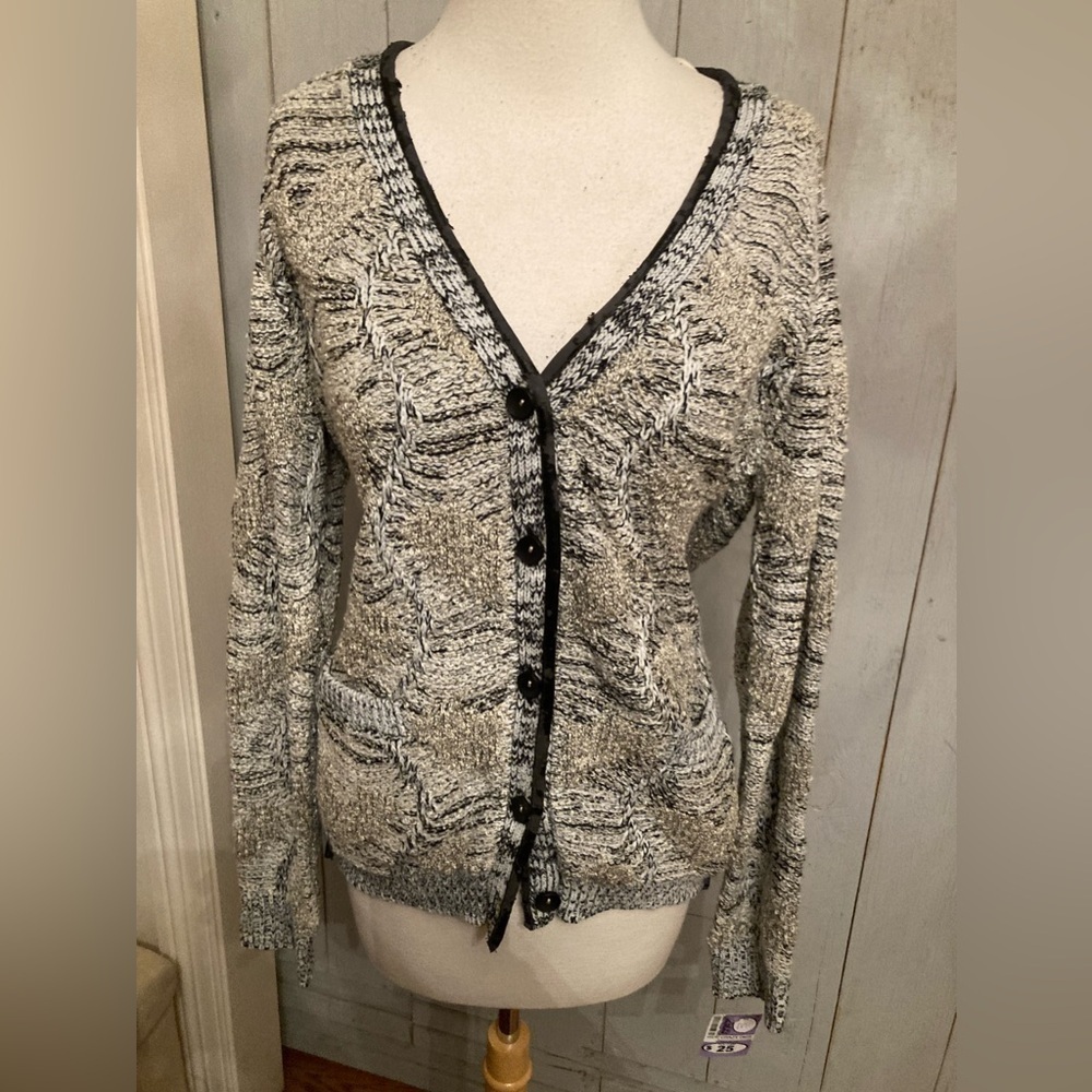 Covet Faux Distressed Leather Trim cardigan. Snow Mix Color, Side Zip. Sz-M NWT
